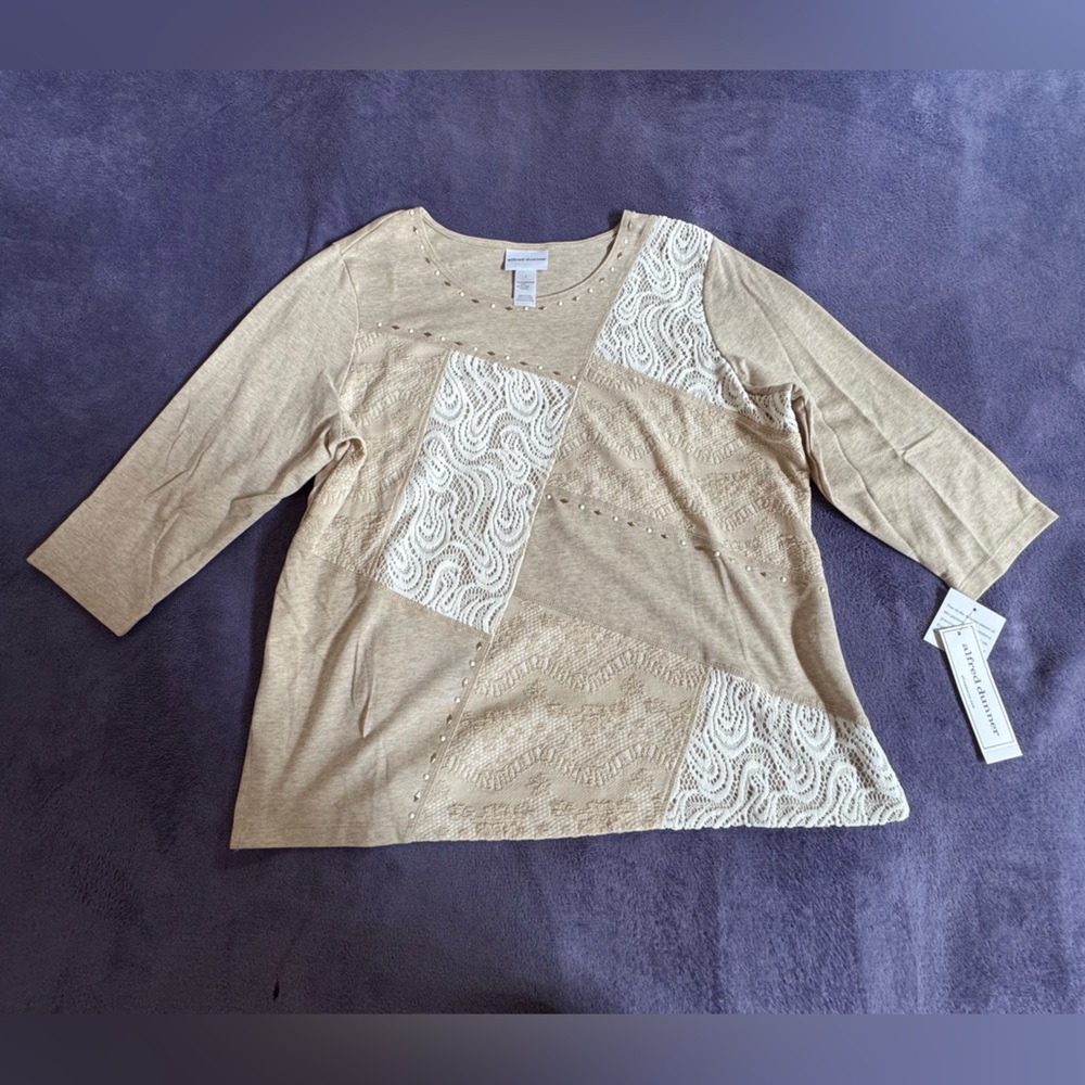 Alfred Dunner Beige and White Patchwork Sweater